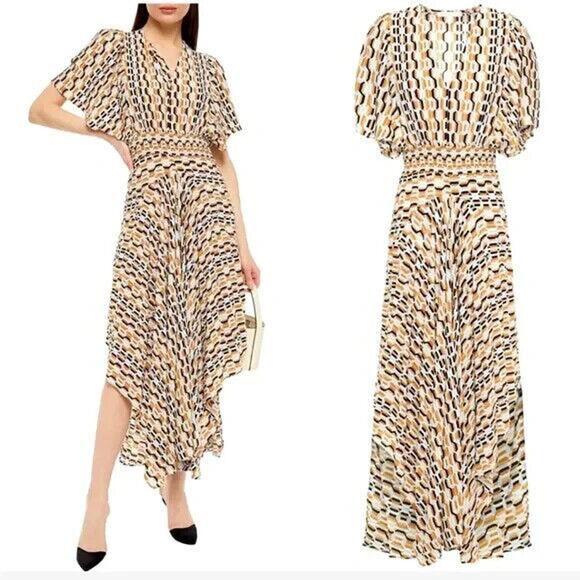 MAJE Rachelli Shirred Printed Crepe De Chine Midi Dress Light Blue Beige… - Picture 2 of 11